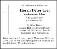 Traueranzeige Peter Tiel