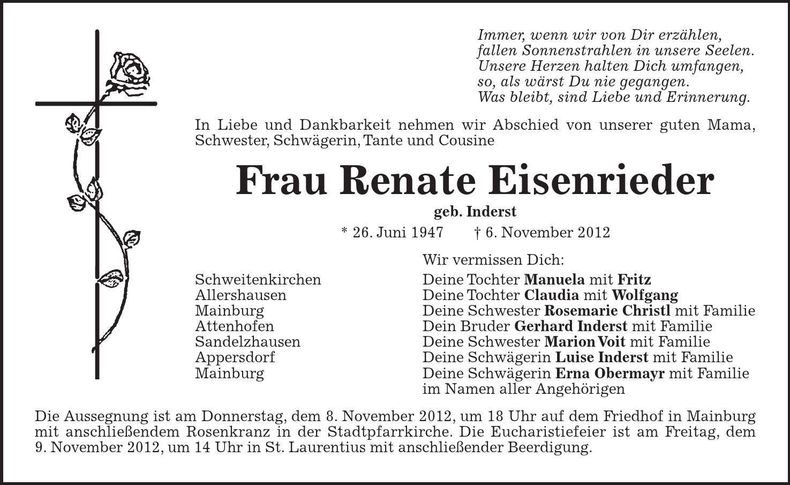 Traueranzeige Renate Eisenrieder