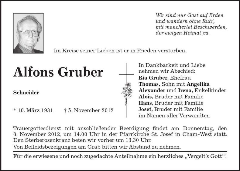 Traueranzeige Alfons Gruber