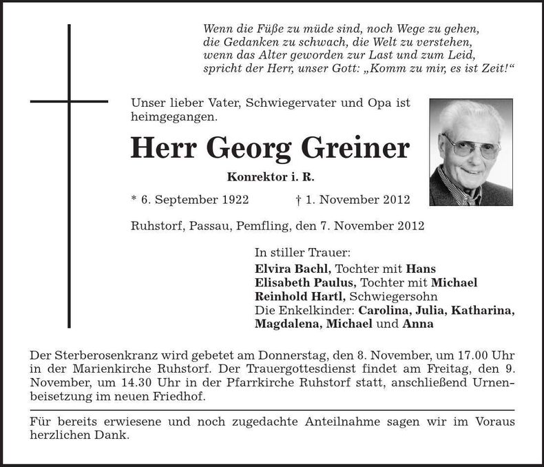 Traueranzeige Georg Greiner
