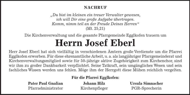 Traueranzeige Josef Eberl