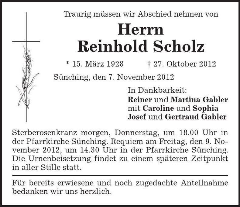 Traueranzeige Reinhold Scholz