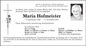 Traueranzeige Maria Hofmeister