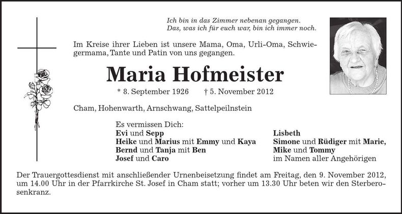 Traueranzeige Maria Hofmeister