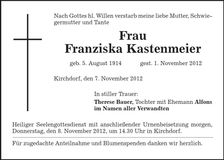 Traueranzeige Franziska Kastenmeier
