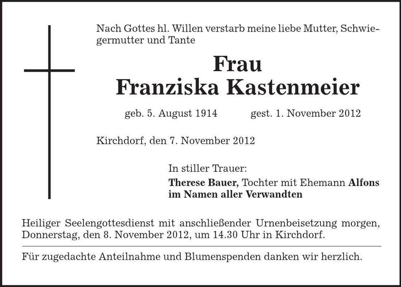 Traueranzeige Franziska Kastenmeier