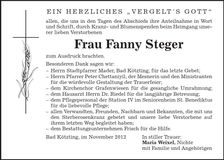 Traueranzeige Fanny Steger