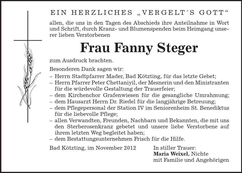 Traueranzeige Fanny Steger