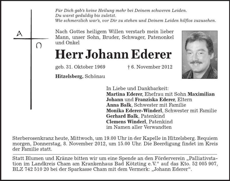 Traueranzeige Johann Ederer