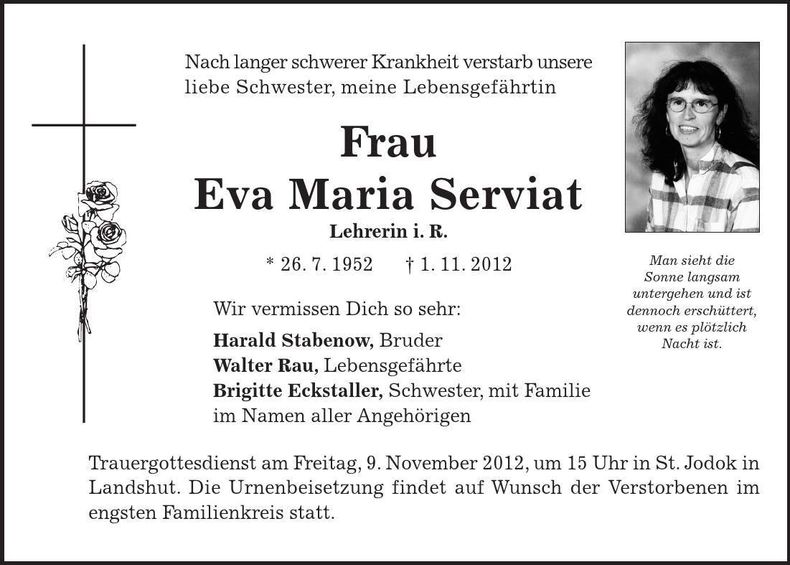 Traueranzeige Eva Maria Serviat