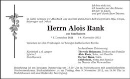 Traueranzeige Alois Rank
