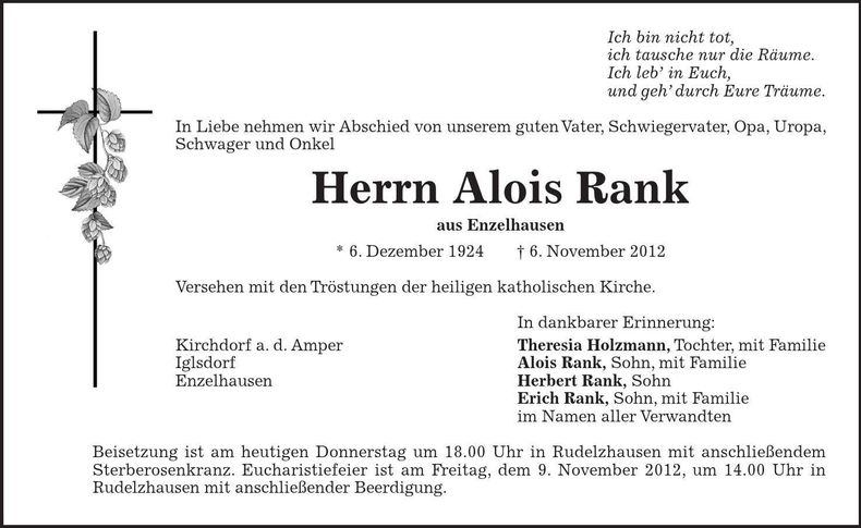 Traueranzeige Alois Rank