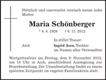 Traueranzeige Maria Schönberger