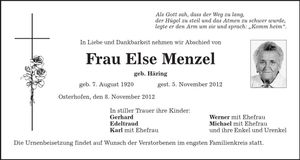 Traueranzeige Else Menzel