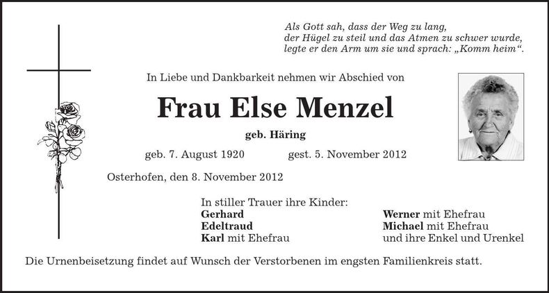 Traueranzeige Else Menzel