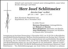 Traueranzeige Josef Schlittmeier