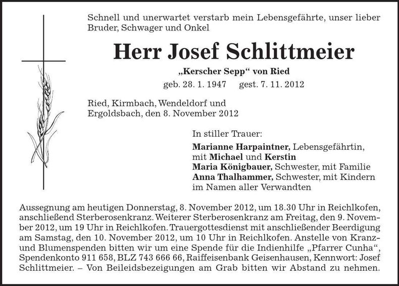 Traueranzeige Josef Schlittmeier