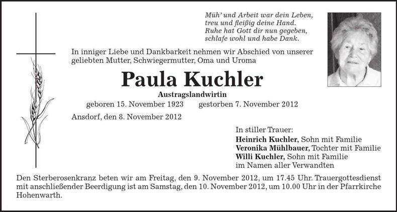 Traueranzeige Paula Kuchler