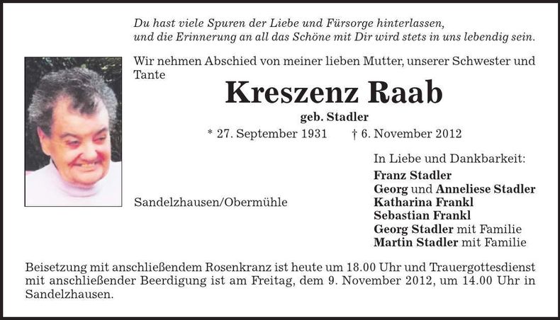 Traueranzeige Kreszenz Raab
