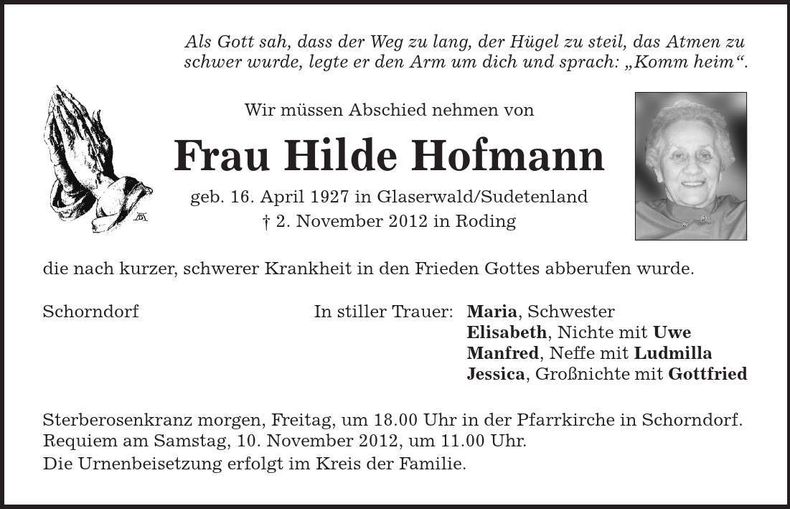 Traueranzeige Hilde Hofmann
