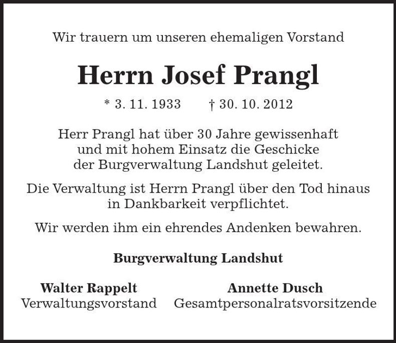 Traueranzeige Josef Prangl