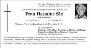 Traueranzeige Six Hermine