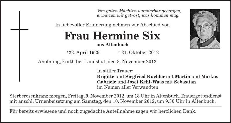 Traueranzeige Six Hermine