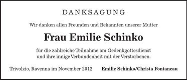 Traueranzeige Emilie Schinko