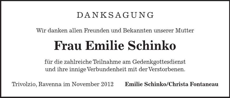 Traueranzeige Emilie Schinko
