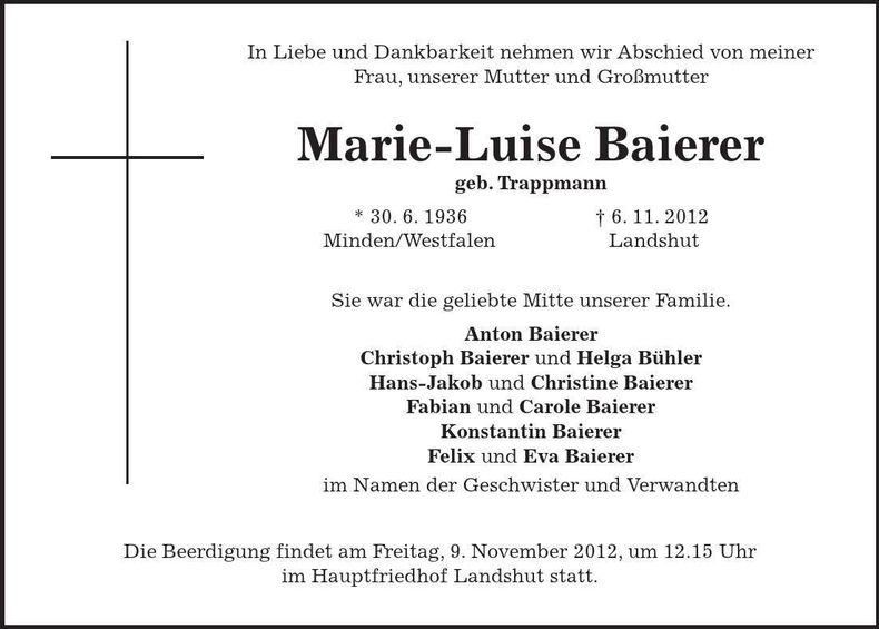 Traueranzeige Marie-Luise Baierer