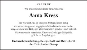 Traueranzeige Anna Kress