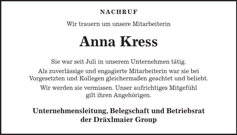 Traueranzeige Anna Kress
