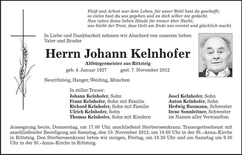 Traueranzeige Johann Kelnhofer