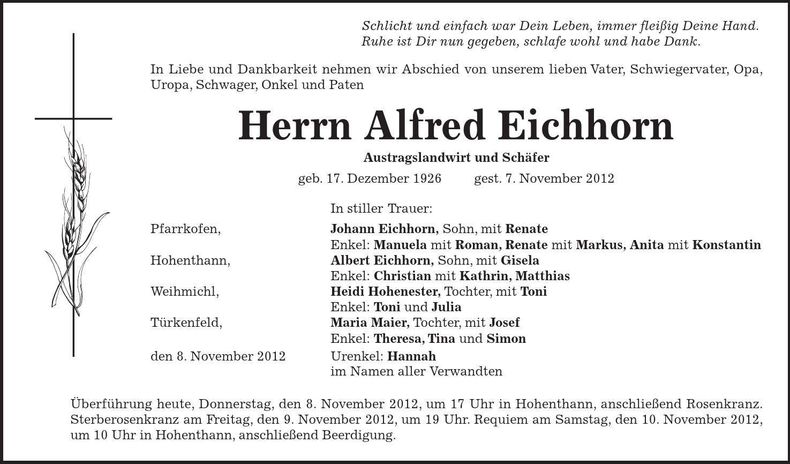 Traueranzeige Alfred Eichhorn