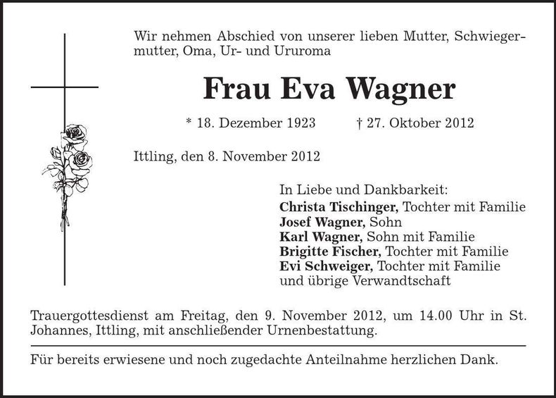 Traueranzeige Eva Wagner