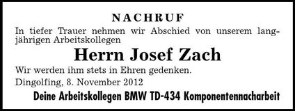 Traueranzeige Josef Zach