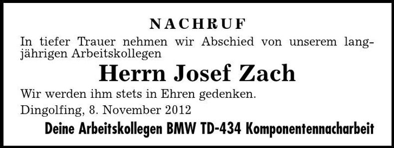 Traueranzeige Josef Zach