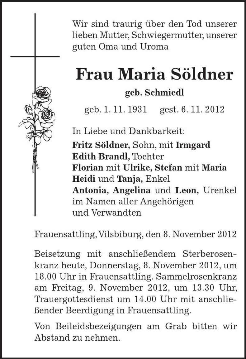 Traueranzeige Maria Söldner