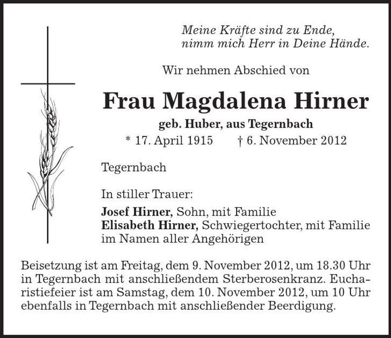 Traueranzeige Magdalena Hirner