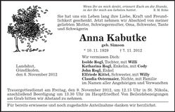 Traueranzeige Anna Kabutke