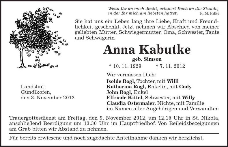 Traueranzeige Anna Kabutke