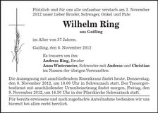 Traueranzeige Wilhelm Ring
