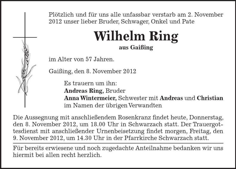 Traueranzeige Wilhelm Ring