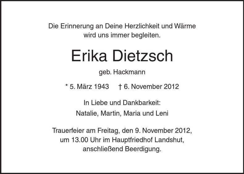 Traueranzeige Erika Dietzsch