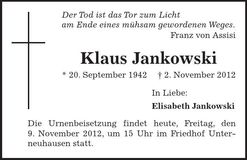 Traueranzeige Klaus Jankowski