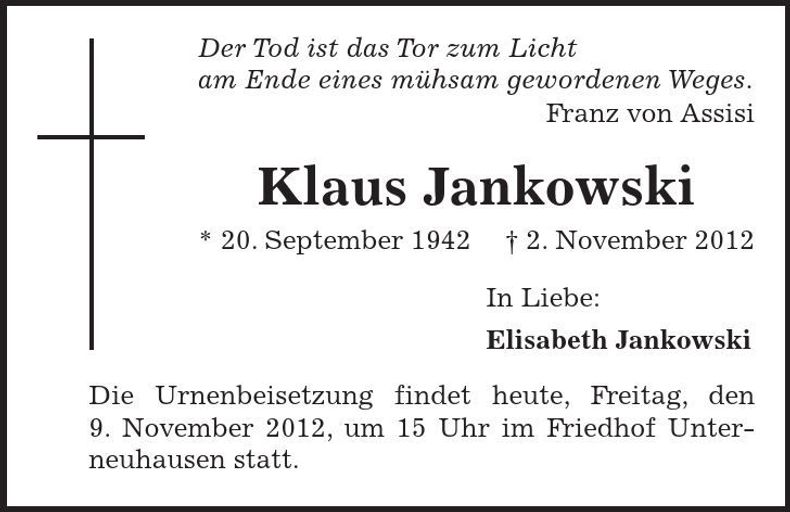Traueranzeige Klaus Jankowski