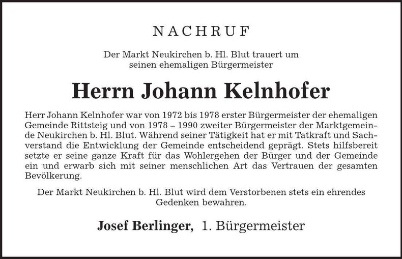 Traueranzeige Johann Kelnhofer