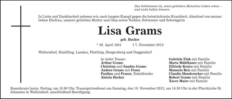 Traueranzeige Lisa Grams