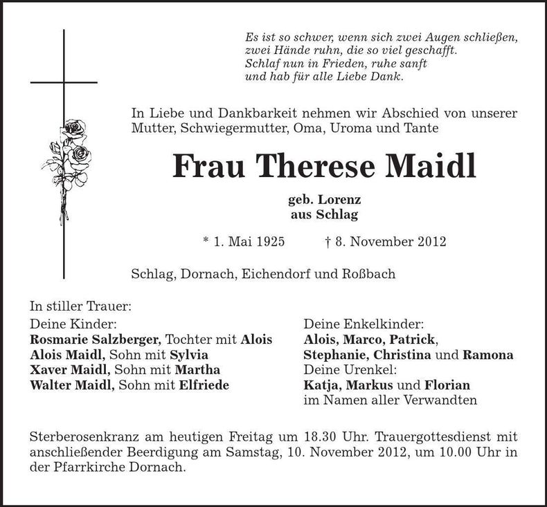 Traueranzeige Therese Maidl