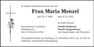 Traueranzeige Maria Menzel